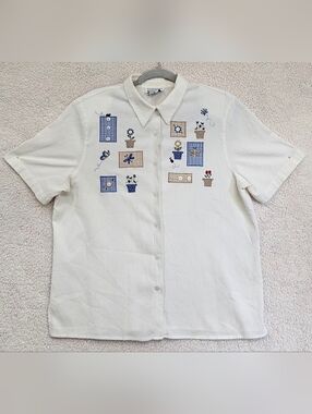 Vintage Alfred Dunner Cottagecore White Embroidered Button Down Shirt Women's 16
